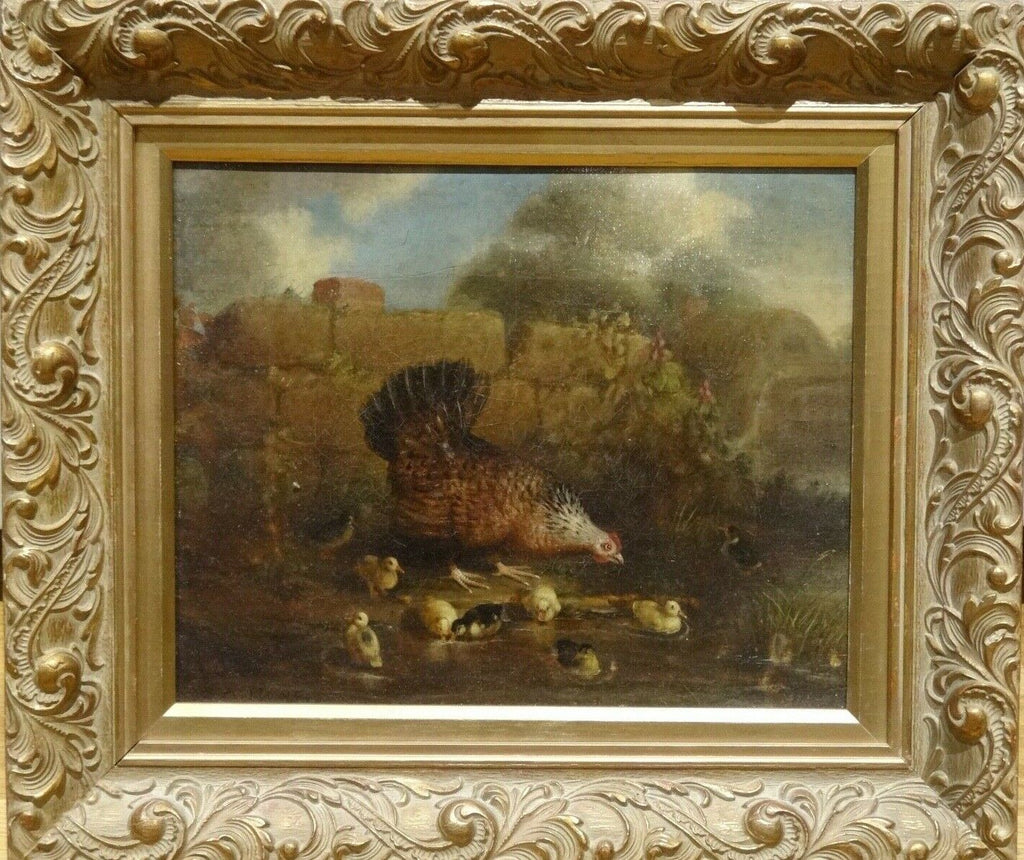 Chicken Ducklings Farm Painting Original 19th Century Framed