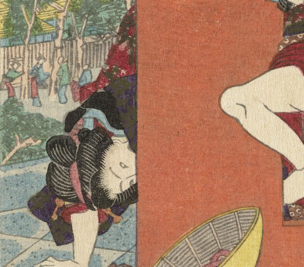 Utagawa Kunisada, Japanese Art Print : Meeting at the Temple, The erotic road to the capital