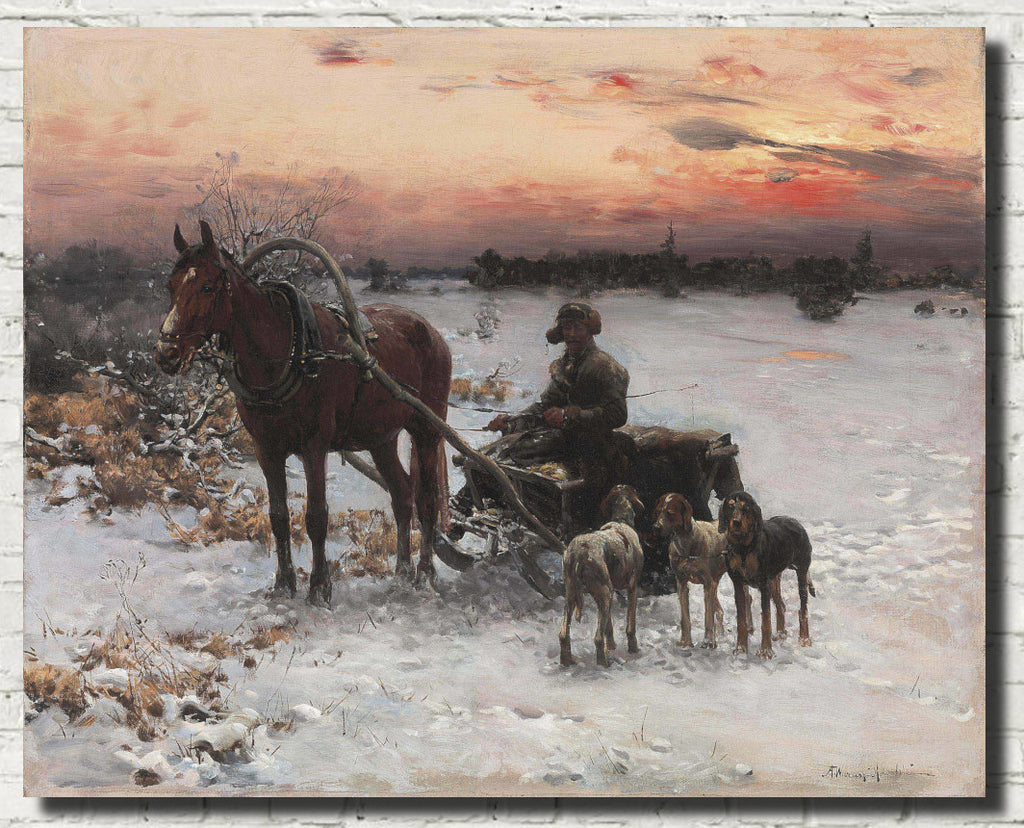 Alfred Kowalski Fine Art Print, A horse drawn sled in a winter landscape at dusk