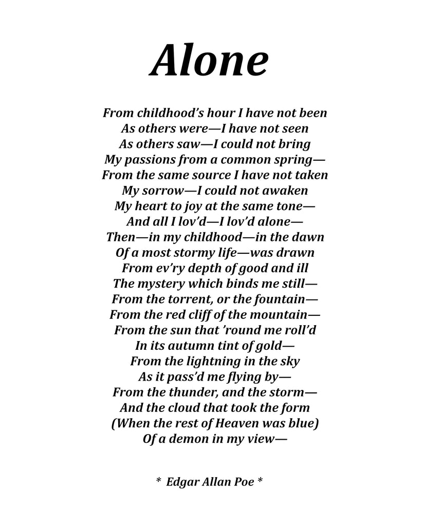 Alone Poem by Edgar Allan Poe, Typography Print