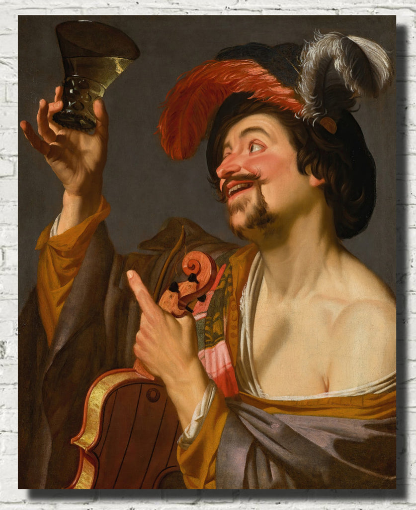 A merry violinist holding a roemer, Gerard van Honthorst Fine Art Print