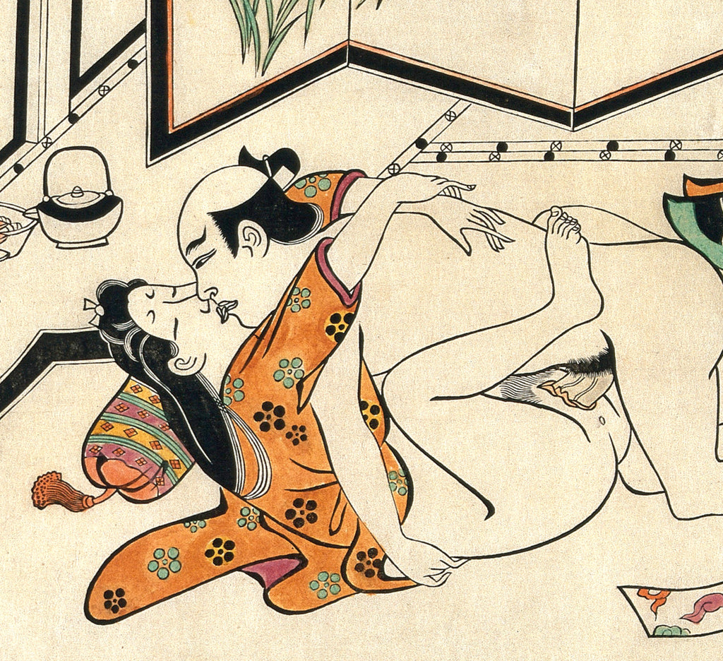Hishikawa Moronobu Japanese Shunga Print, A middle-aged couple making love