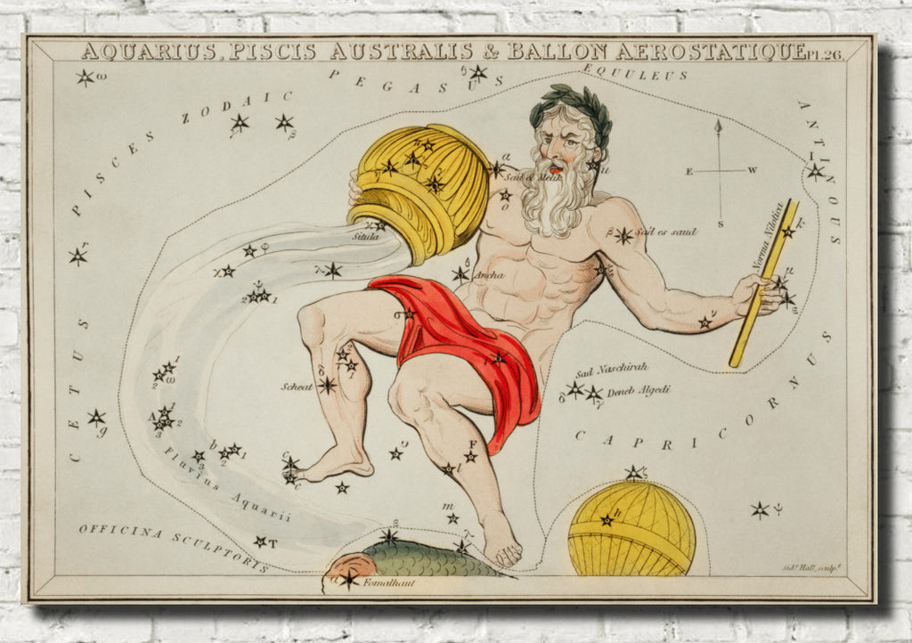 Aquaris, Piscis Australis and Ballon Aerostatique, Sidney Hall Costellations Print