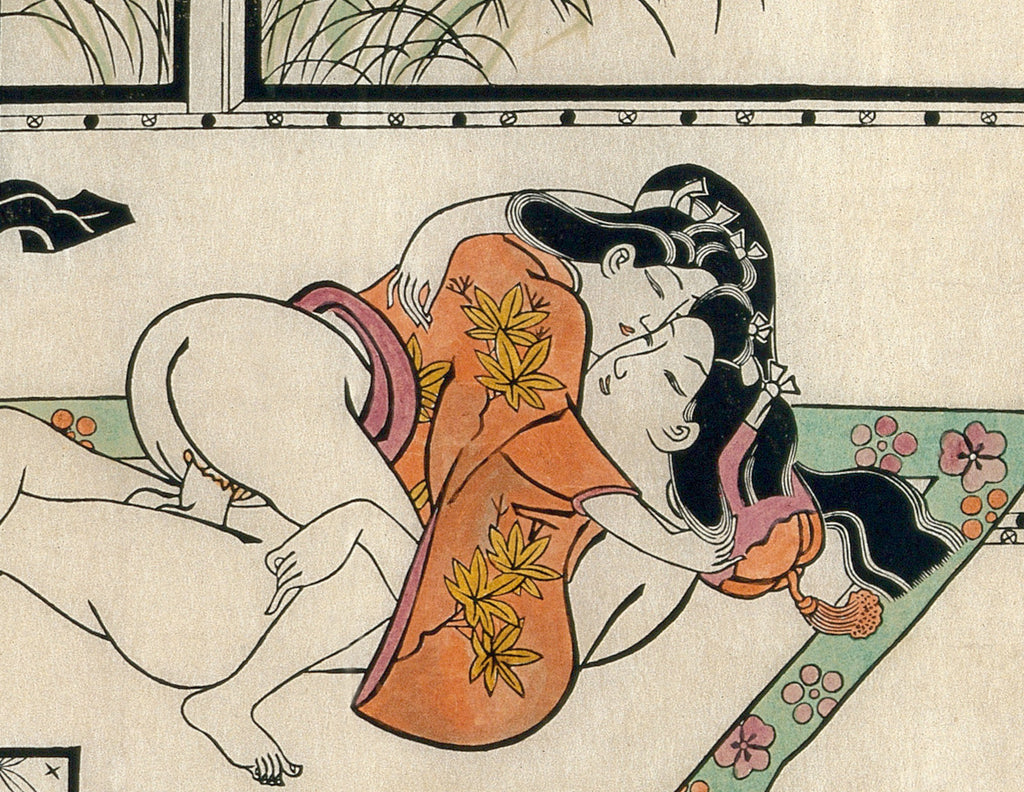Hishikawa Moronobu Japanese Shunga Print, A young couple making love, woman above