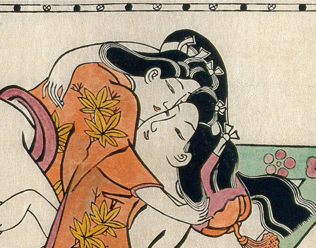 Hishikawa Moronobu Japanese Shunga Print, A young couple making love, woman above