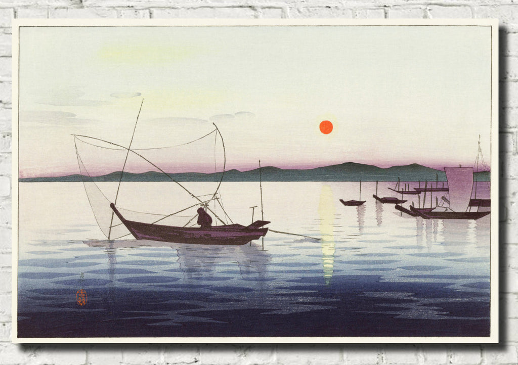 Ohara Koson Japanese Fine Art Print,  Boats and Setting Sun