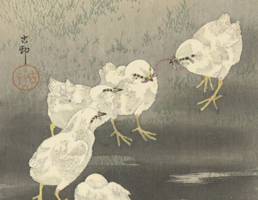 Ohara Koson Japanese Fine Art Print,  Chicks and Worm