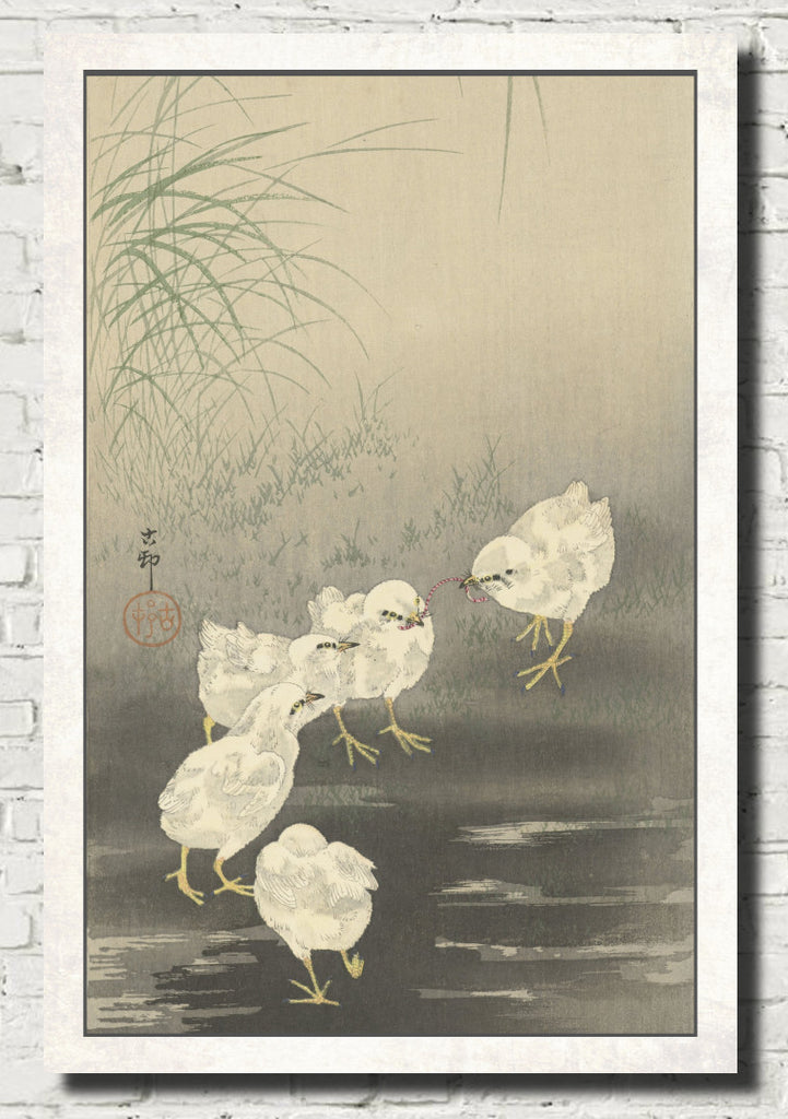 Ohara Koson Japanese Fine Art Print,  Chicks and Worm