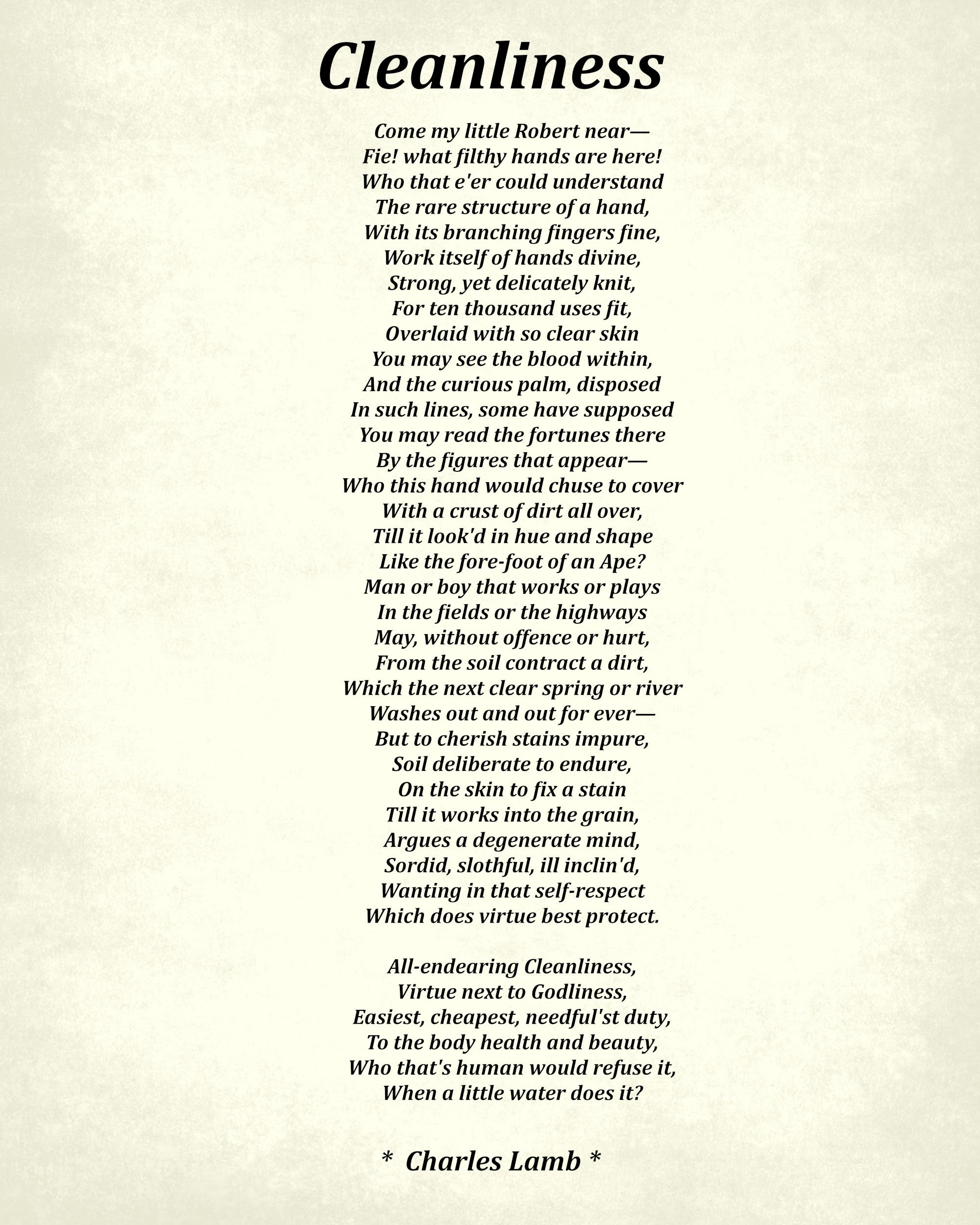 Clean Poems Cleanliness Poem by Charles Lamb, Typography Print β GalleryThane