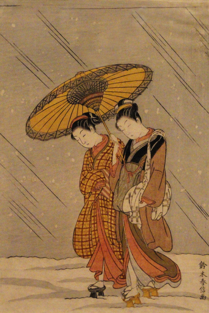 Suzuki Harunobu, Japanese Art Print : Couple in Snowstorm
