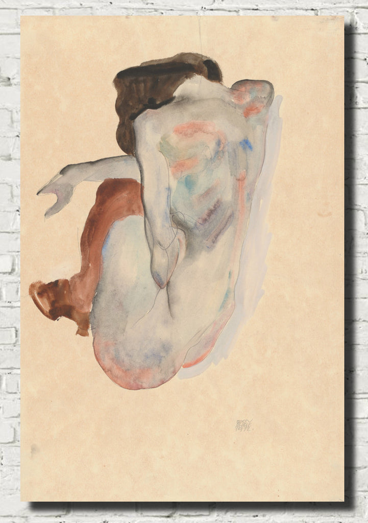 Crouching Nude in Shoes and Black Stockings, Back View, Egon Schiele Fine Art Print