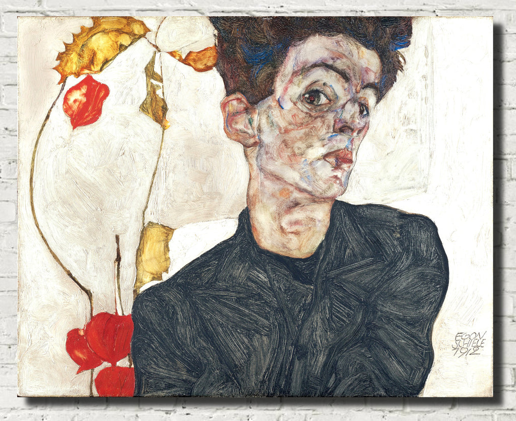 Egon Schiele Fine Art Print, Self Portrait with Physalis