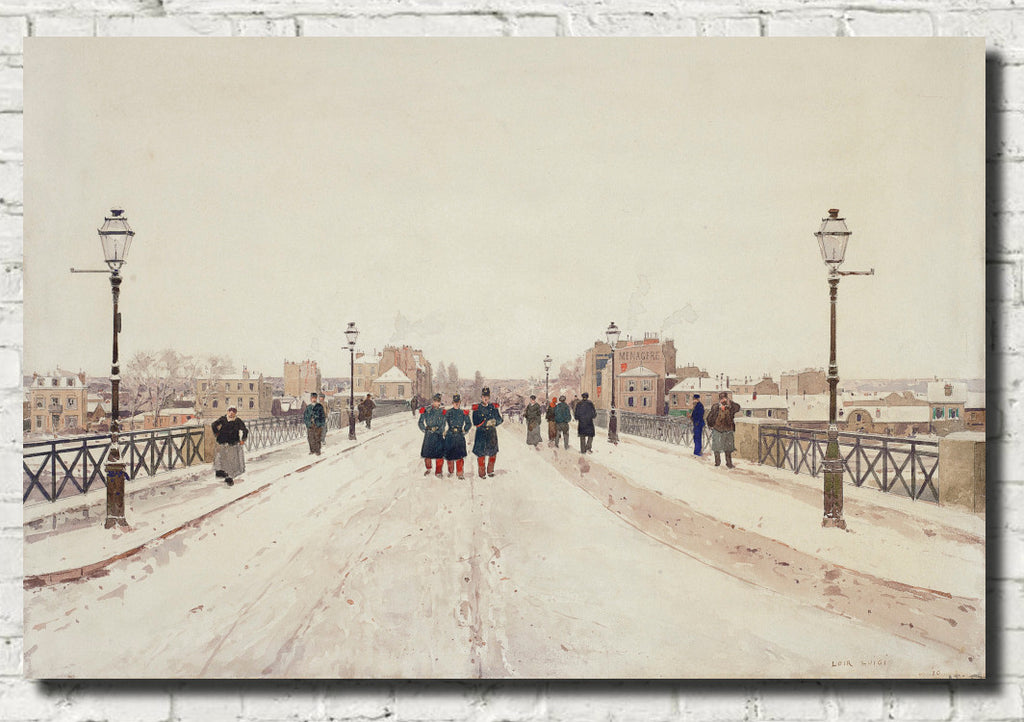 Luigi Loir Fine Art Print: Figures on a Bridge in the Snow
