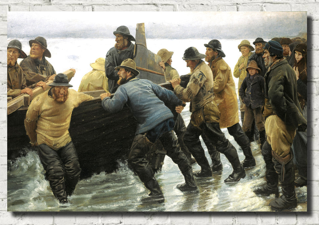 Michael Ancher Fine Art Print, Fishermen Launching a Rowing Boat