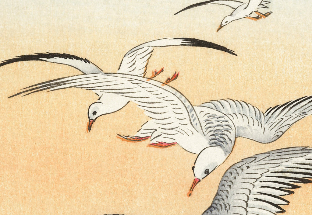 Five Seagulls Above Turbulent Sea JAPANESE FINE ART PRINT, OHARA KOSON - GalleryThane.com