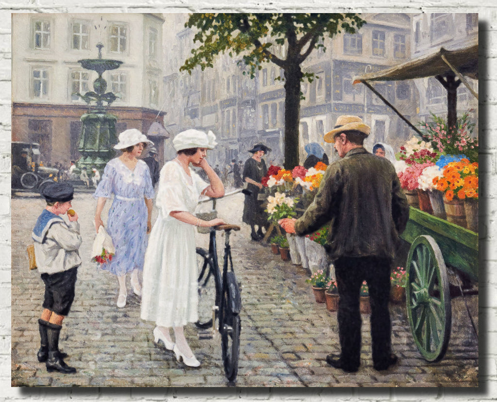 Paul Gustav Fischer Fine Art Print, Flower Market at Højbro Plads, Copenhagen