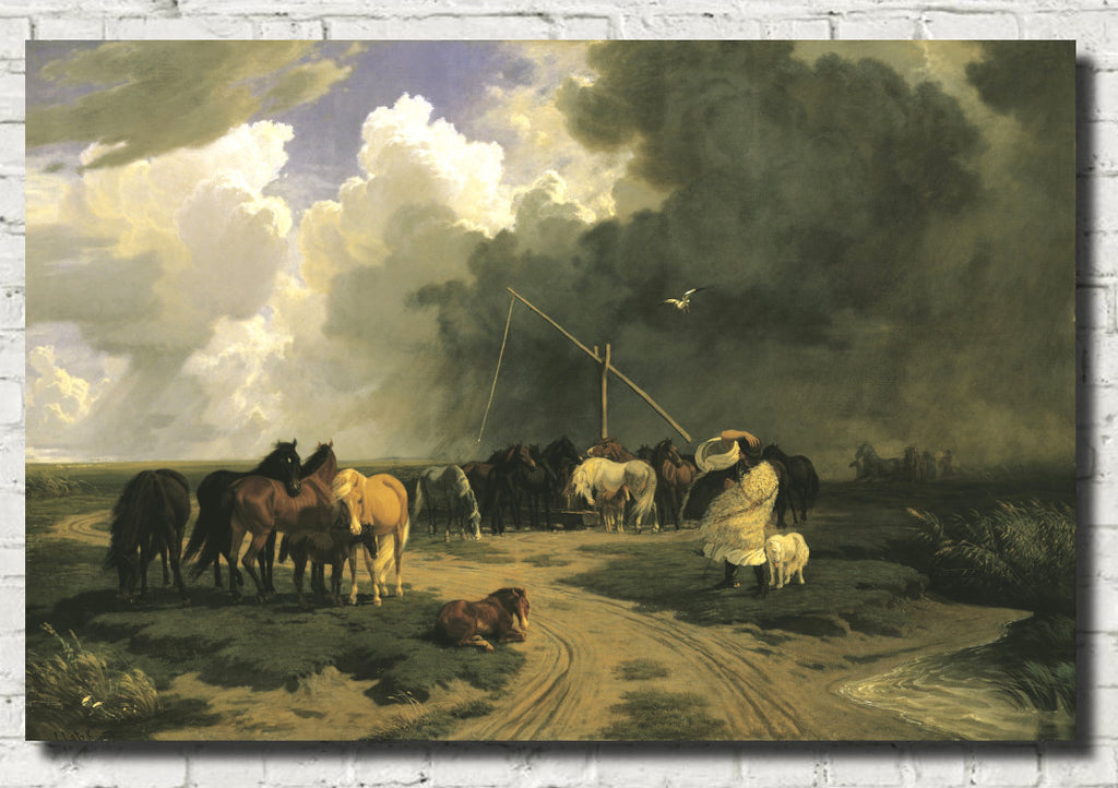 Károly Lotz Fine Art Print, Horses in a Rainstorm