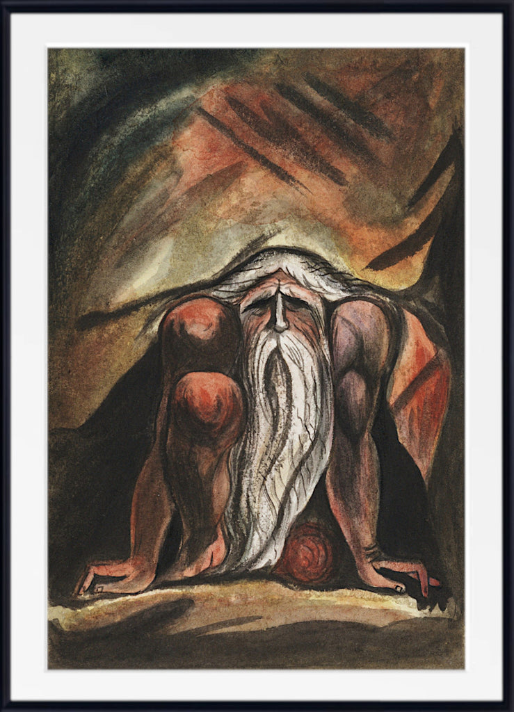 William Blake, Illustration of a bearded man, crouching, Book of Urizen