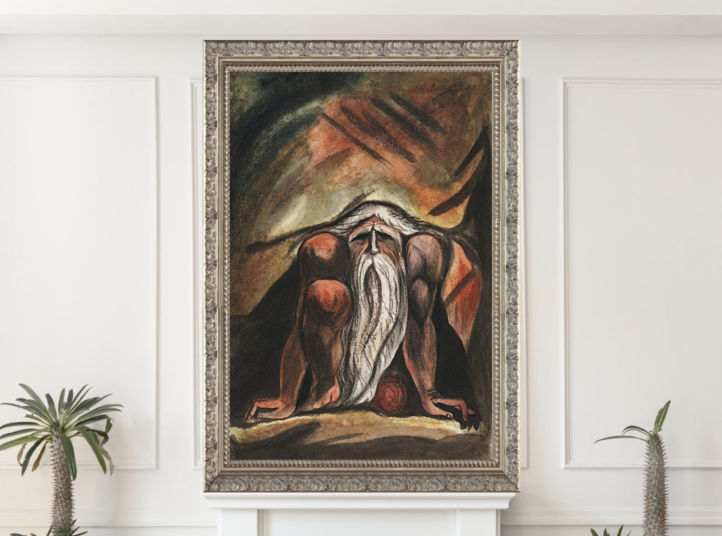 William Blake, Illustration of a bearded man, crouching, Book of Urizen