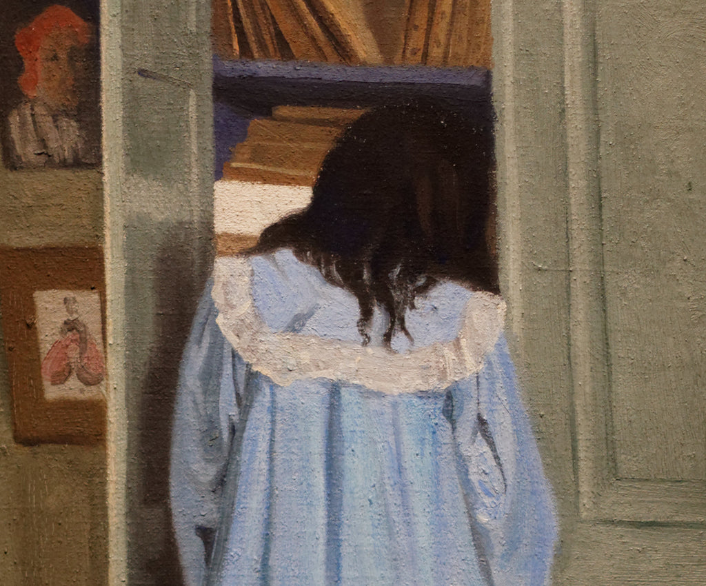 Interior, woman in blue searching in a cupboard, Félix Vallotton