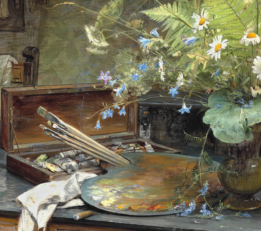Bertha Wegmann Fine Art Print, Interior with field bouquet, artist's paint box, palette and a half-smoked cerut