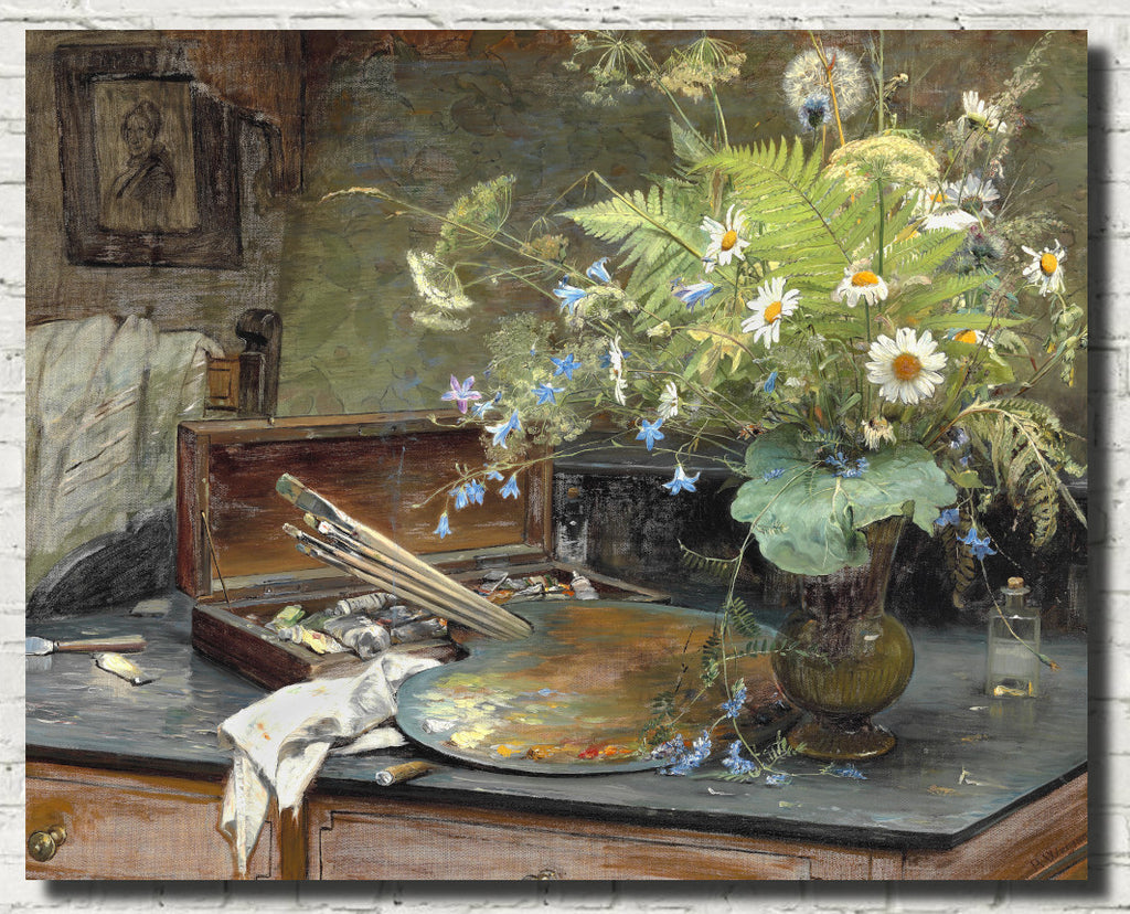 Bertha Wegmann Fine Art Print, Interior with field bouquet, artist's paint box, palette and a half-smoked cerut