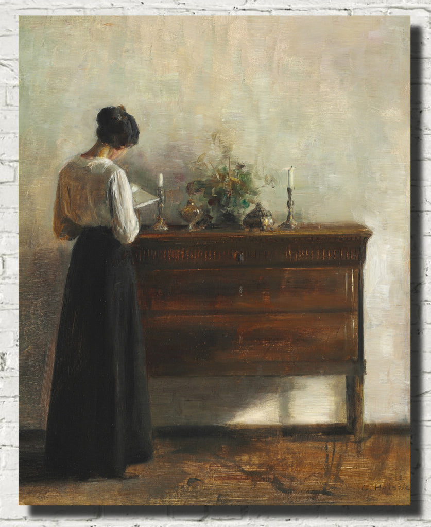 Carl Holsøe Fine Art Print, Interior with the artist's wife standing at a chest of drawers reading