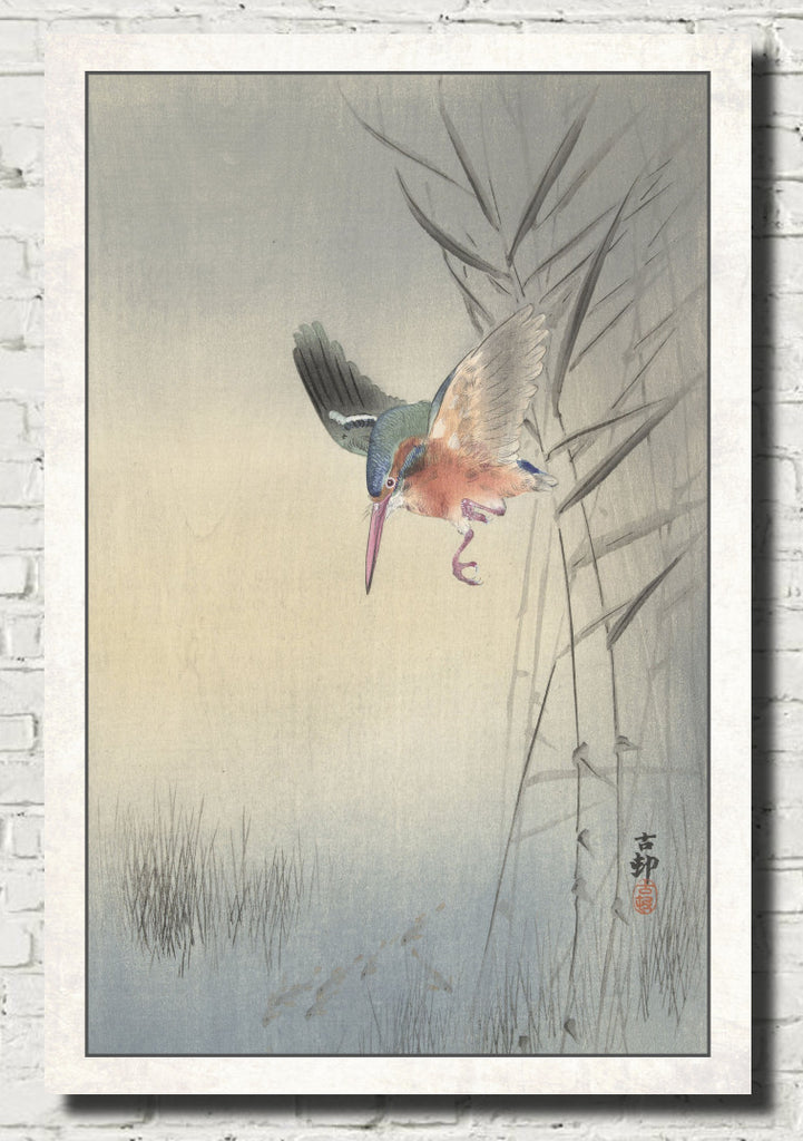 Ohara Koson Japanese Fine Art Print, Kingfisher hunting for fish