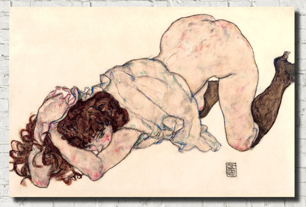 Egon Schiele Fine Art Print, Kneeling Nude Girl on Elbows