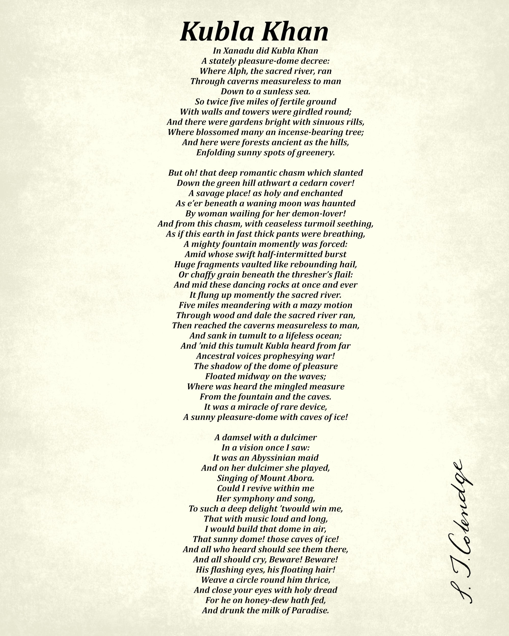 Kubla Khan, Poem by Samuel Taylor Coleridge, Typography Print