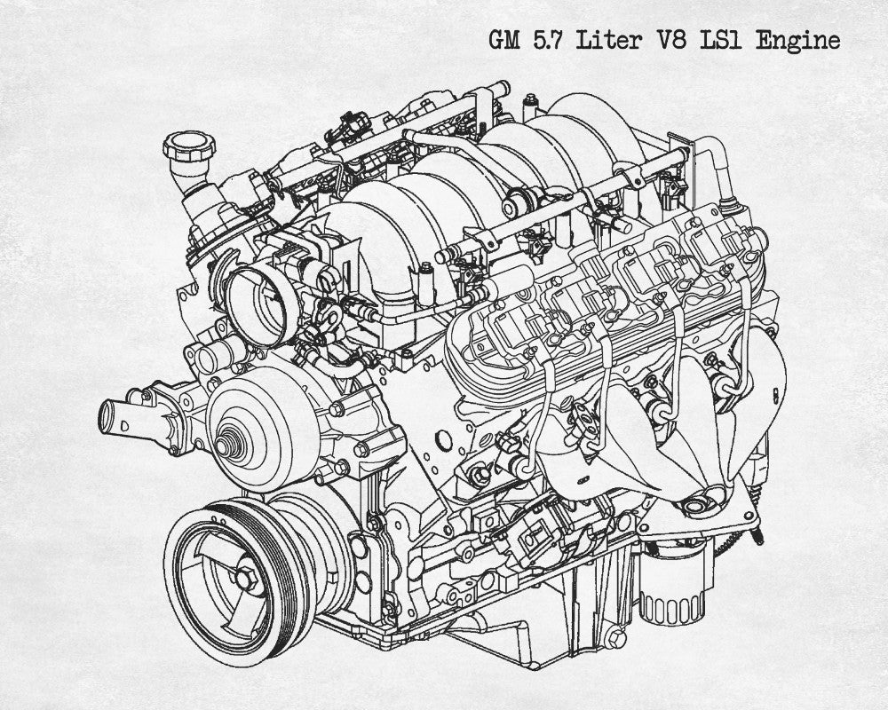 GM V8 Engine Blueprint Automotive LS1 Engine Patent Print