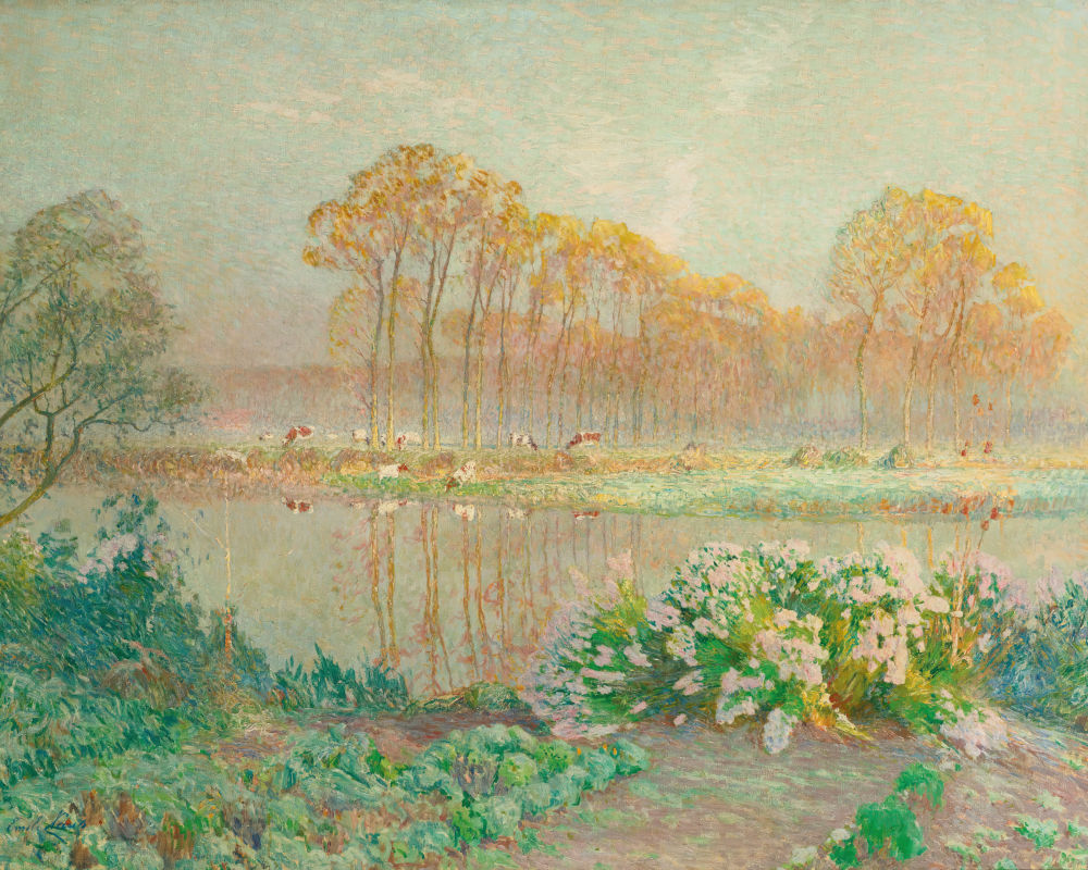 Landscape with pond and blooms, Emile Claus, Belgian Luminsm