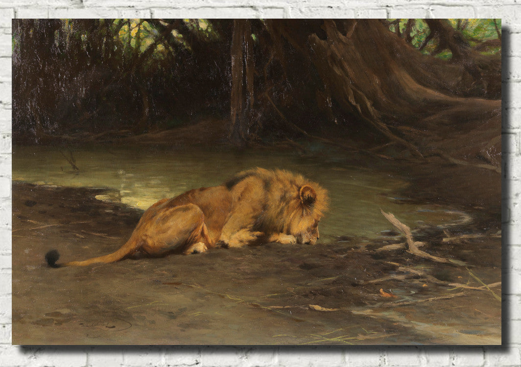 Friedrich Wilhelm Kuhnert Fine Art Print, Lion at the Watering Hole