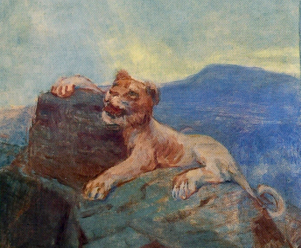 Fujishima Takeji Fine Art Print, Lions Testing Their Cub