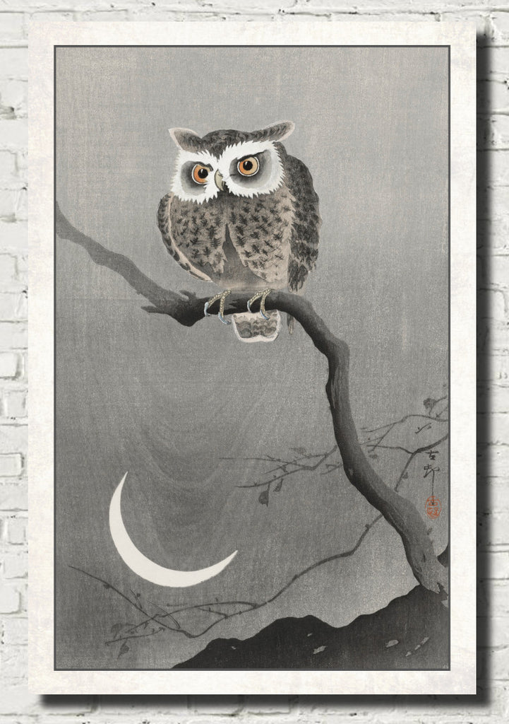Ohara Koson Japanese Fine Art Print, Long-eared owl on bare tree branch