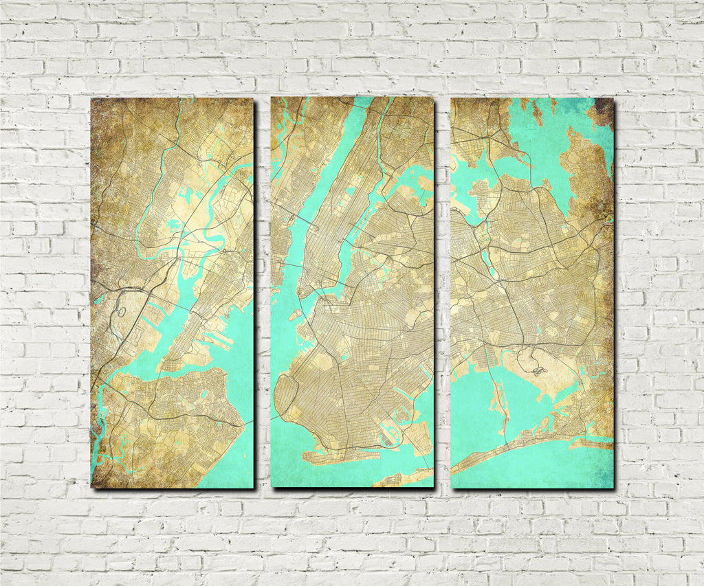 New York City Street Map 3 Panel Canvas Wall Art 7103C3