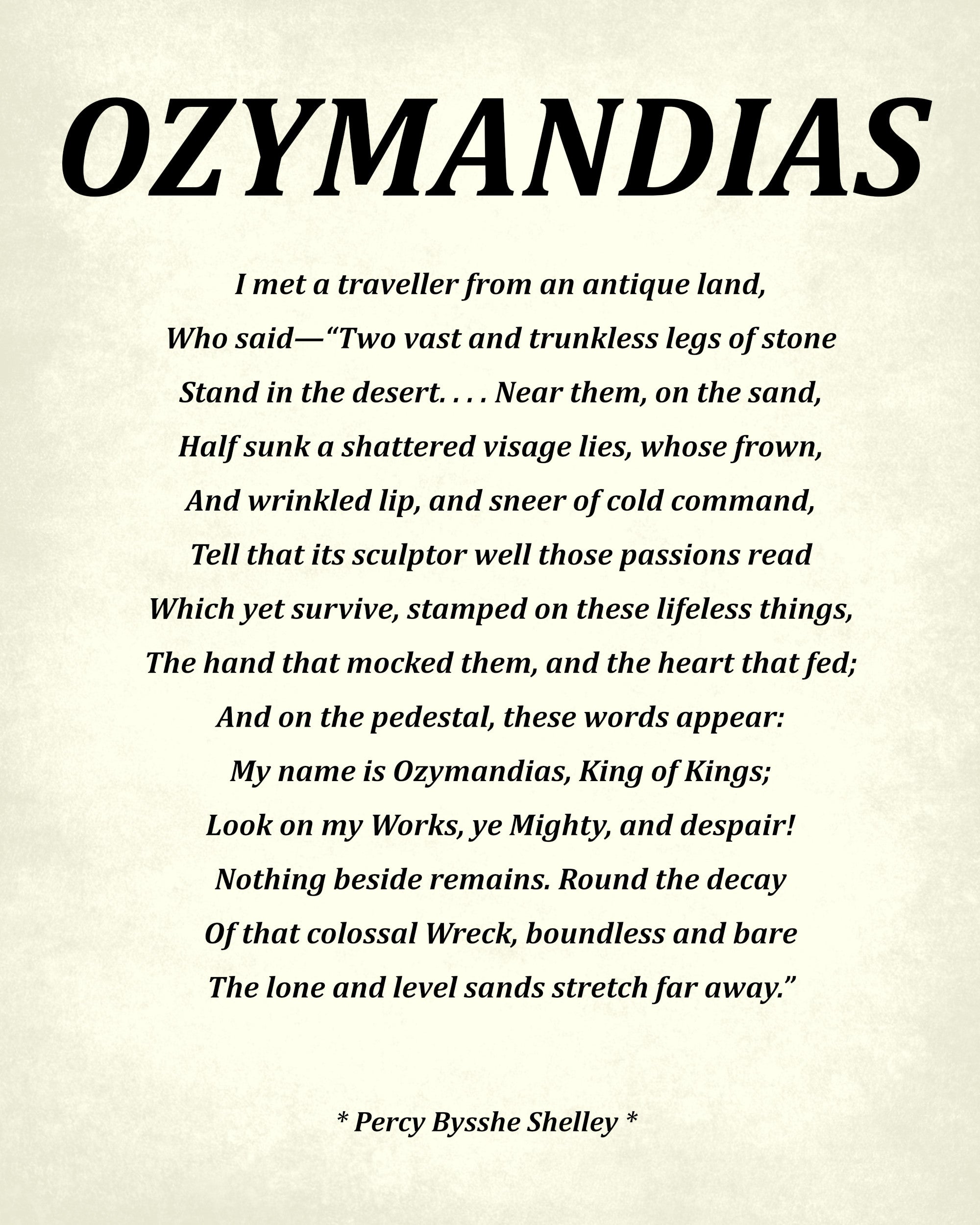 Ozymandias Poem by Percy Bysshe Shelley, Typography Print