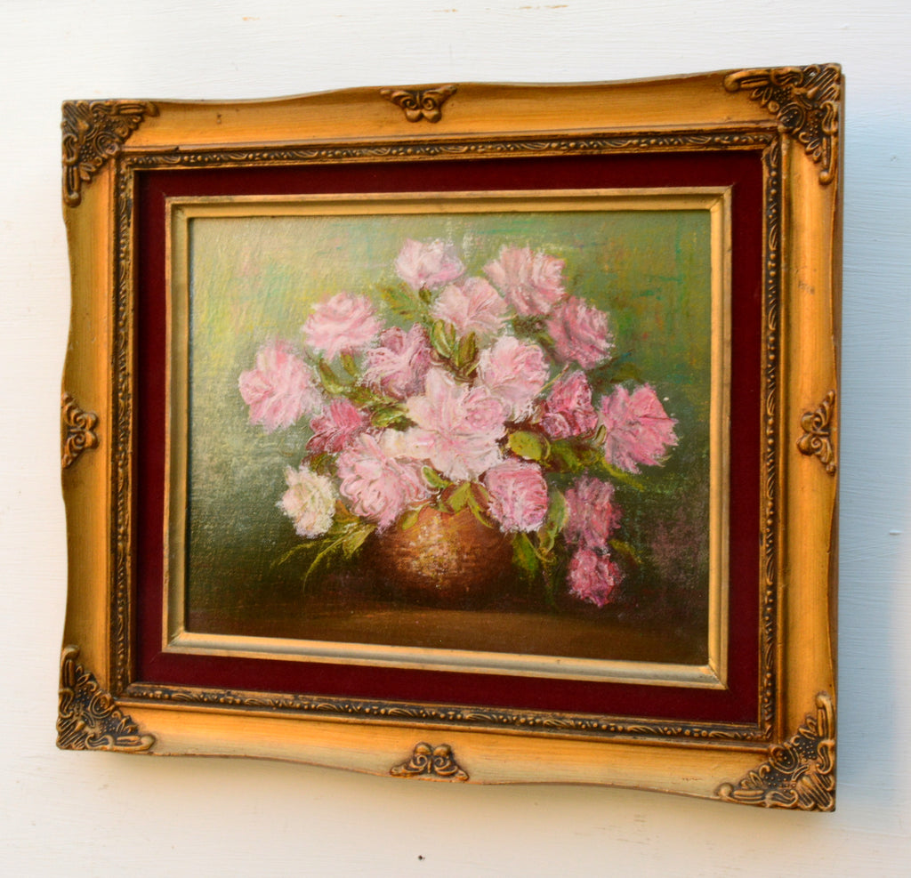 Pink Roses Still Life Floral Vintage Oil Painting Gold Framed