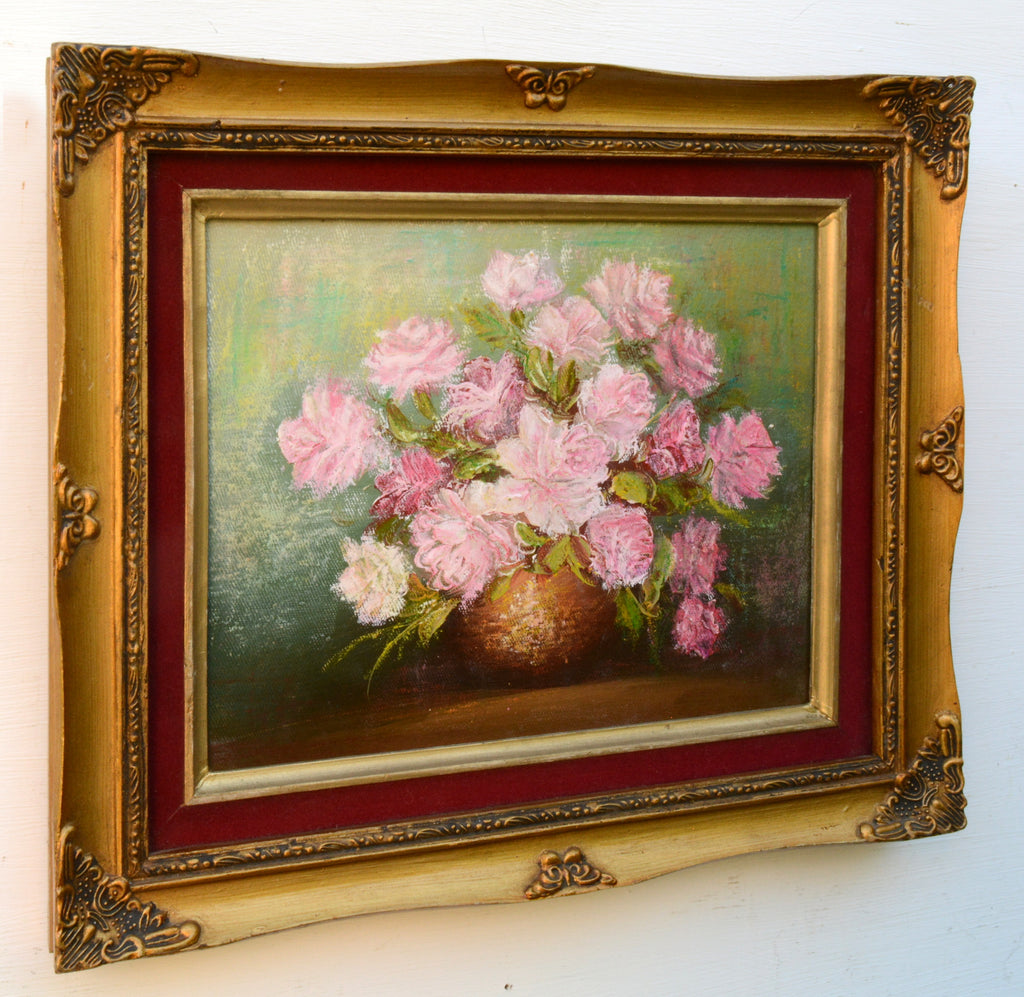 Pink Roses Still Life Floral Vintage Oil Painting Gold Framed