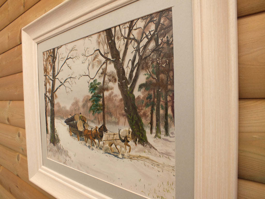 Winter Forest Landscape Oil Painting Horse Logging Framed Signed Original