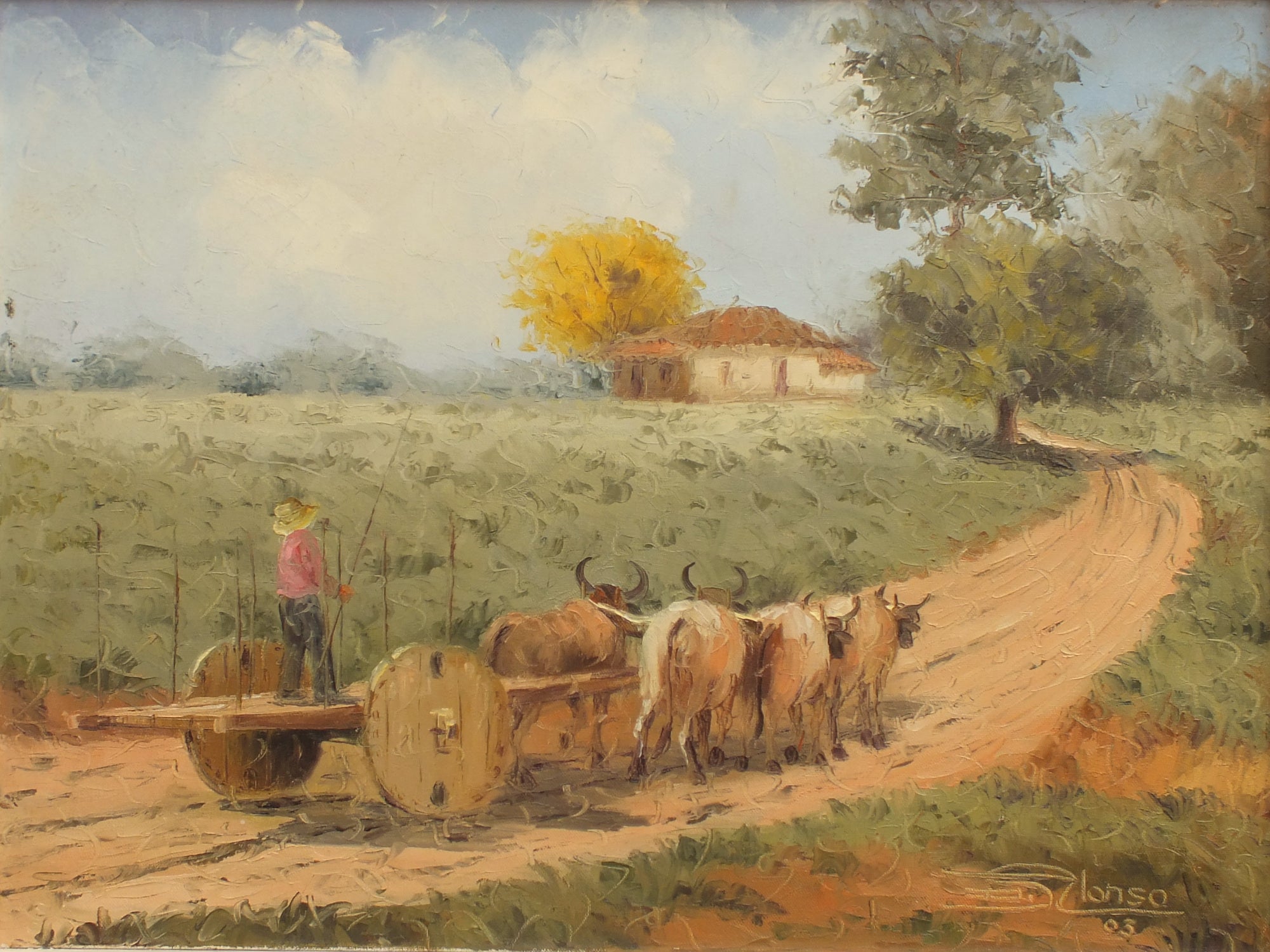 Brazilian Farming Landscape, Ranch in Brasileira, Piauí Original Framed, Signed Oil painting