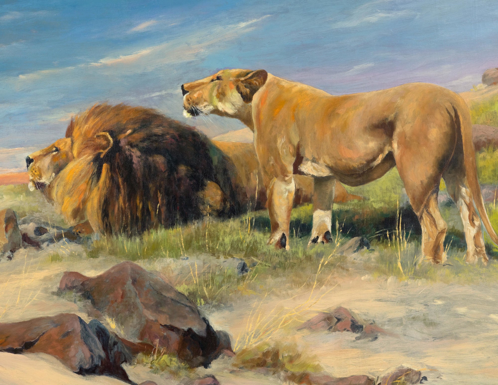 Friedrich Wilhelm Kuhnert Fine Art Print, Pair of Lions on the Steppe