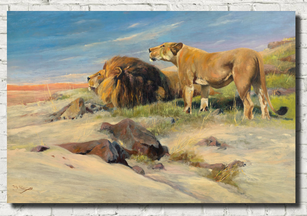 Friedrich Wilhelm Kuhnert Fine Art Print, Pair of Lions on the Steppe