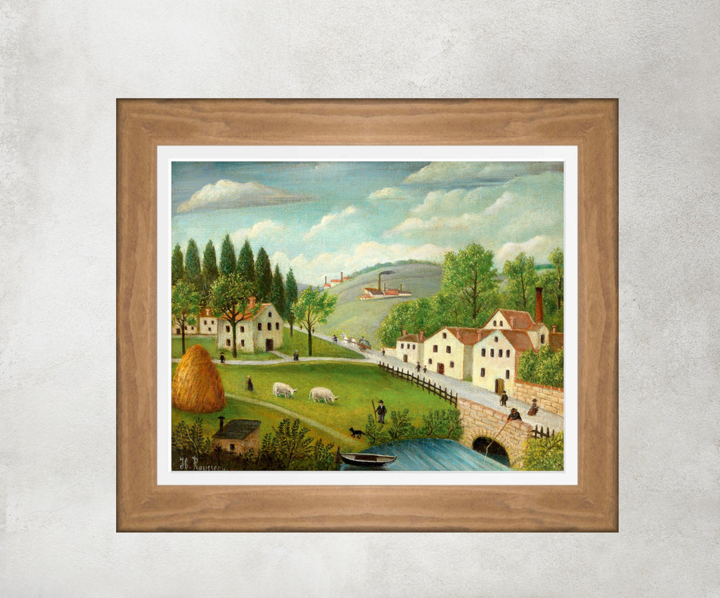 Pastoral Landscape with Stream Fisherman and Strollers, Henri Rousseau Framed Art Print