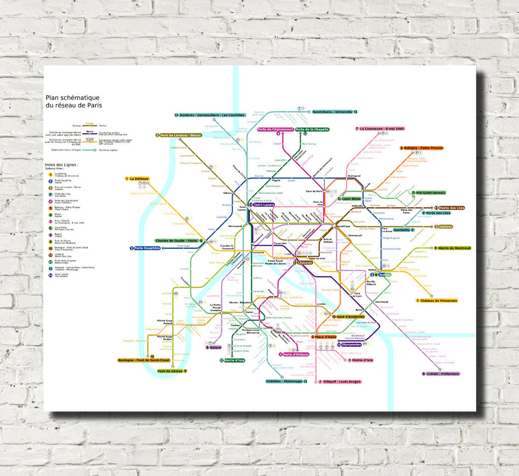Paris Metro Map Print Underground Rail Plan