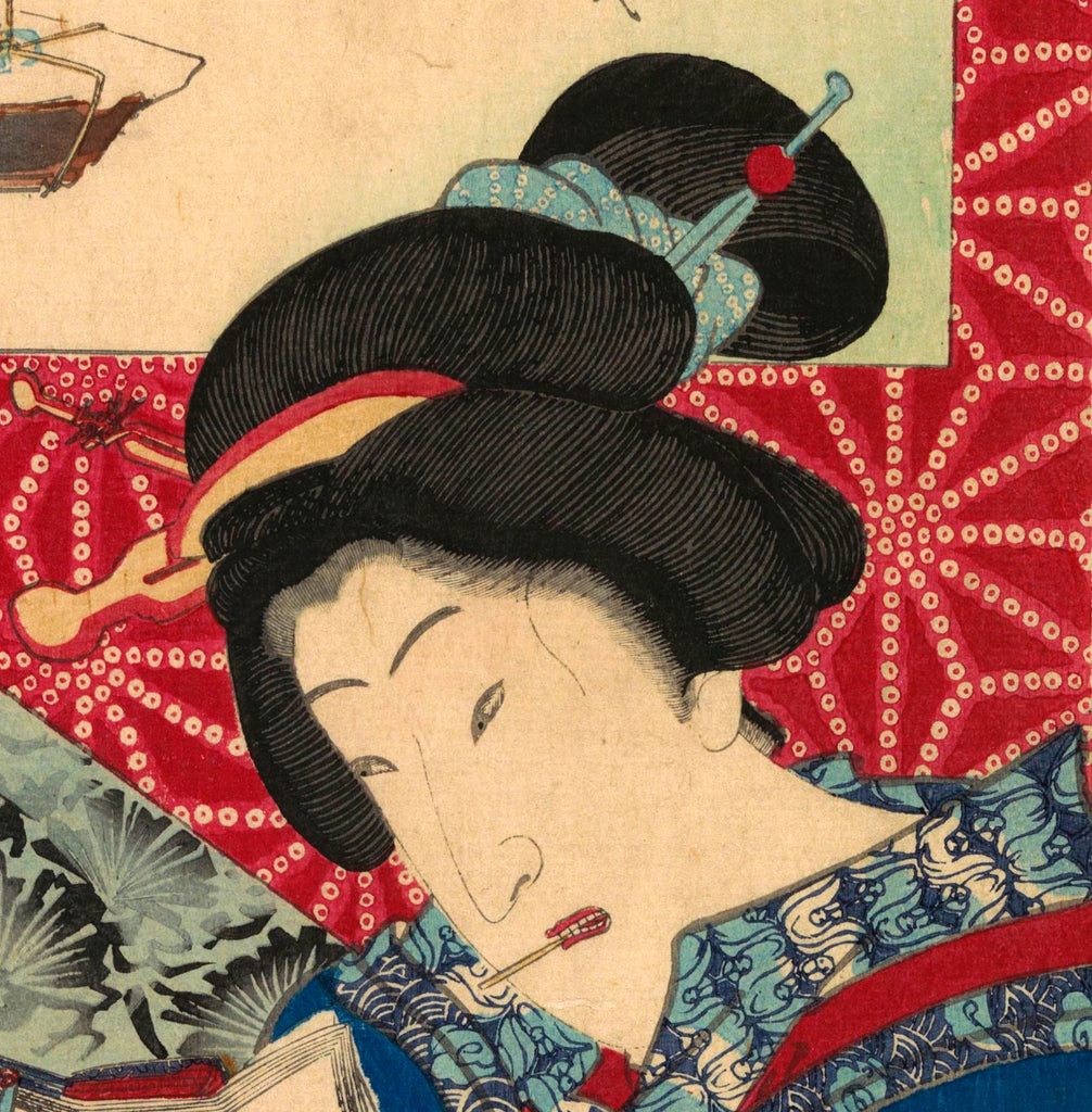 Toyohara Kunichika, Japanese Art Print : Woman reading