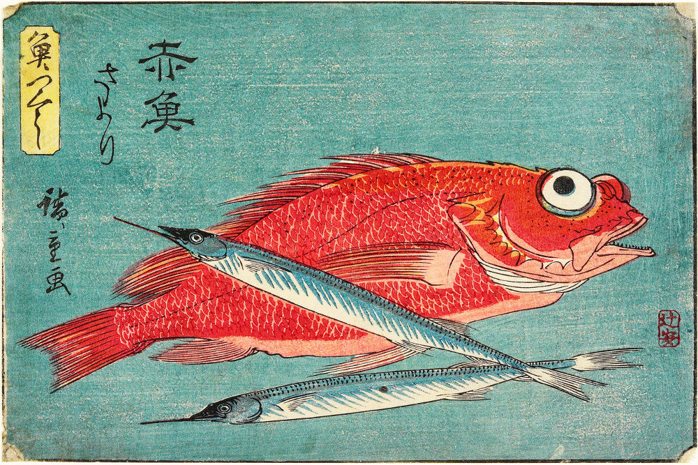 Fish Print Red Snapper Halfbeak Andō Hiroshige, Japanese Art