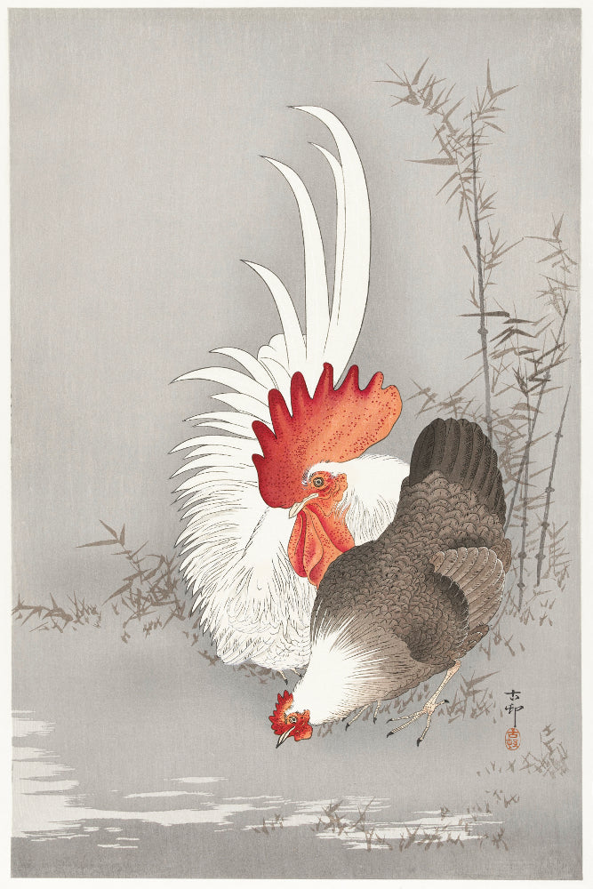 Rooster and Chicken JAPANESE FINE ART PRINT, OHARA KOSON - GalleryThane.com