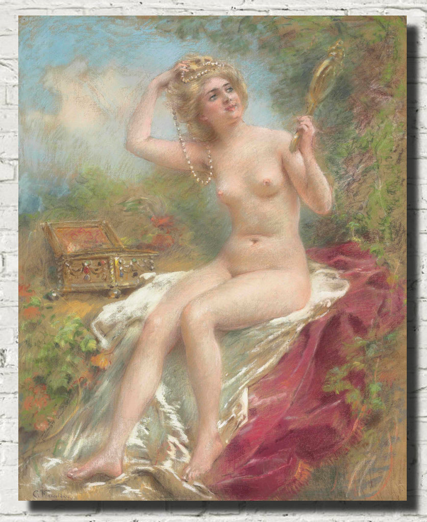 Konstantin Makovsky Fine Art Print, Seated Nude Looking in a Mirror