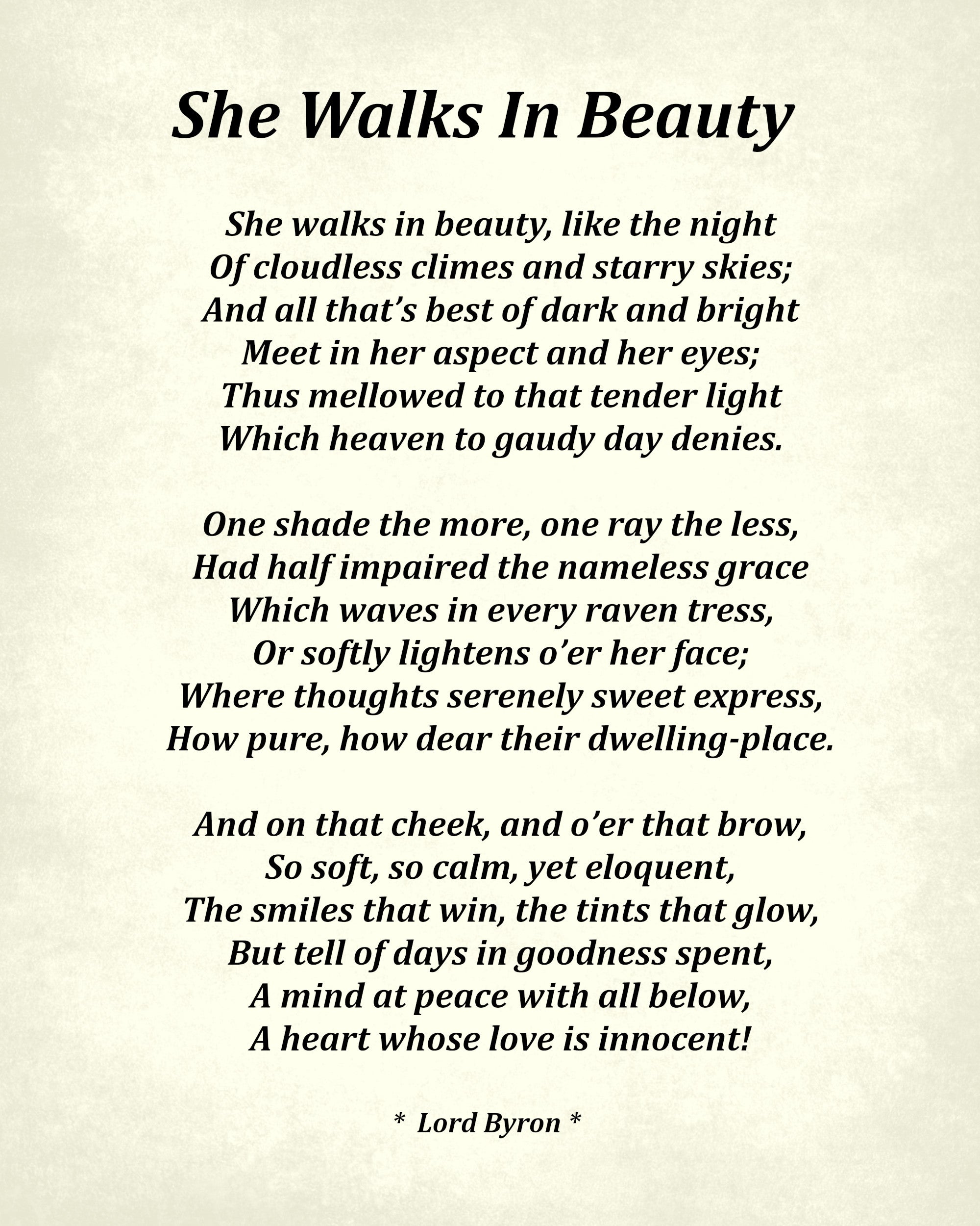 She Walks In Beauty Poem by Lord Byron, Typography Print